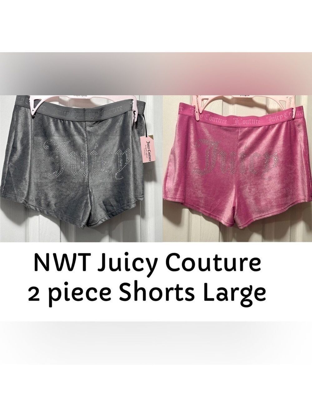 NWT Juicy Couture 2 Piece Velour Ribbed Shorts with Bling Pink Gray Size Large